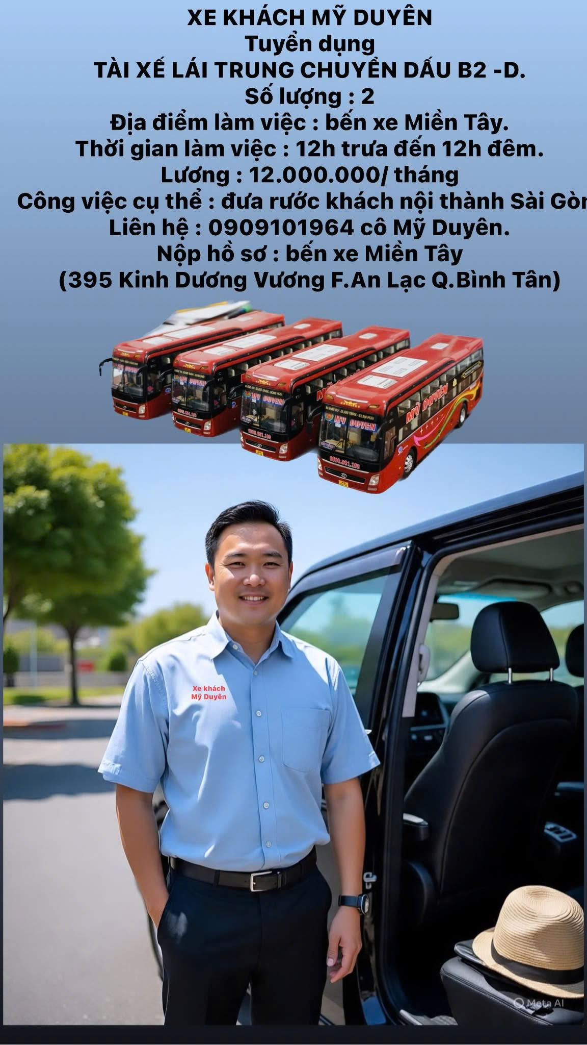 Nhà xe Mỹ Duyên tuyển dụng Tài xế trung chuyển 7–16 chỗ